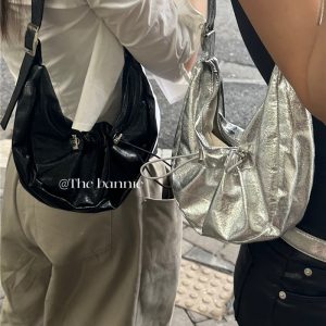 Korean Ins Silver Drawstring Ruched Cloud Bag Niche Design High Quality Crossbody Shoulder Bag
