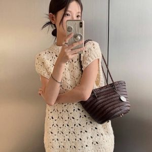 MBH French Vintage Full Grain Leather Handwoven Bucket Bag Shoulder Bag with Storage Pouch