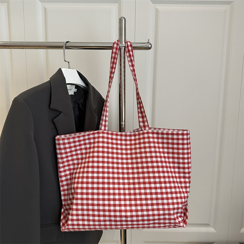 Canvas Tote Bag Women 2025 Summer Plaid Shoulder Handbag Student Casual - Image 3