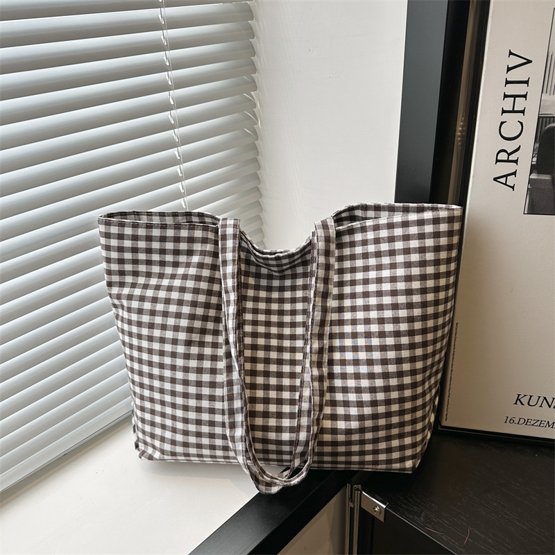 Canvas Tote Bag Women 2025 Summer Plaid Shoulder Handbag Student Casual - Image 4