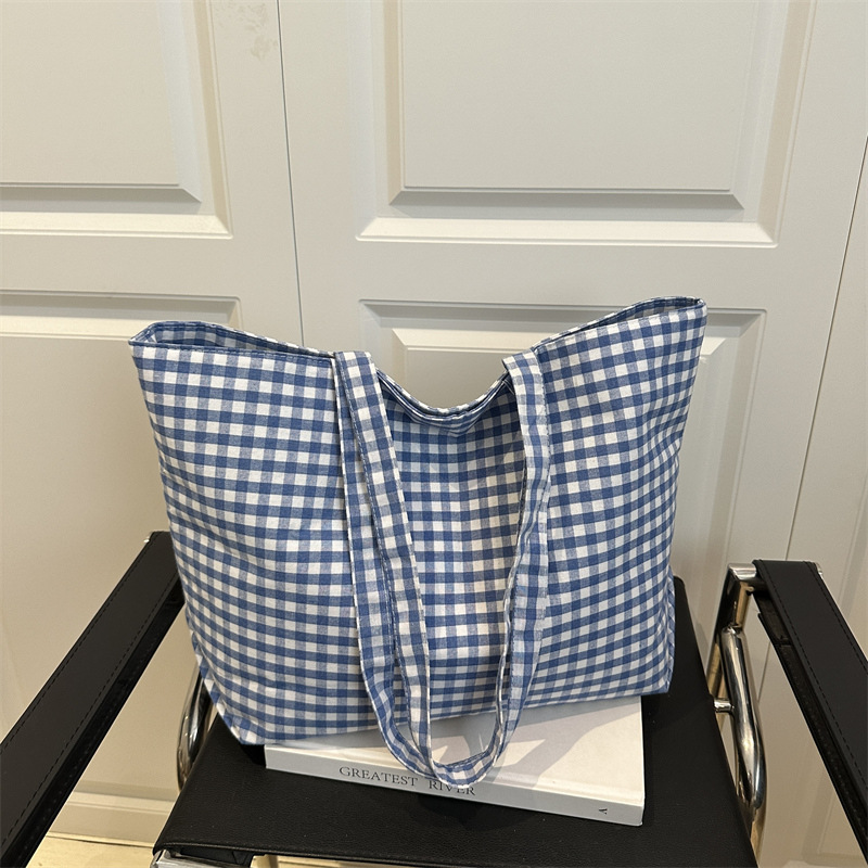 Canvas Tote Bag Women 2025 Summer Plaid Shoulder Handbag Student Casual - Image 2