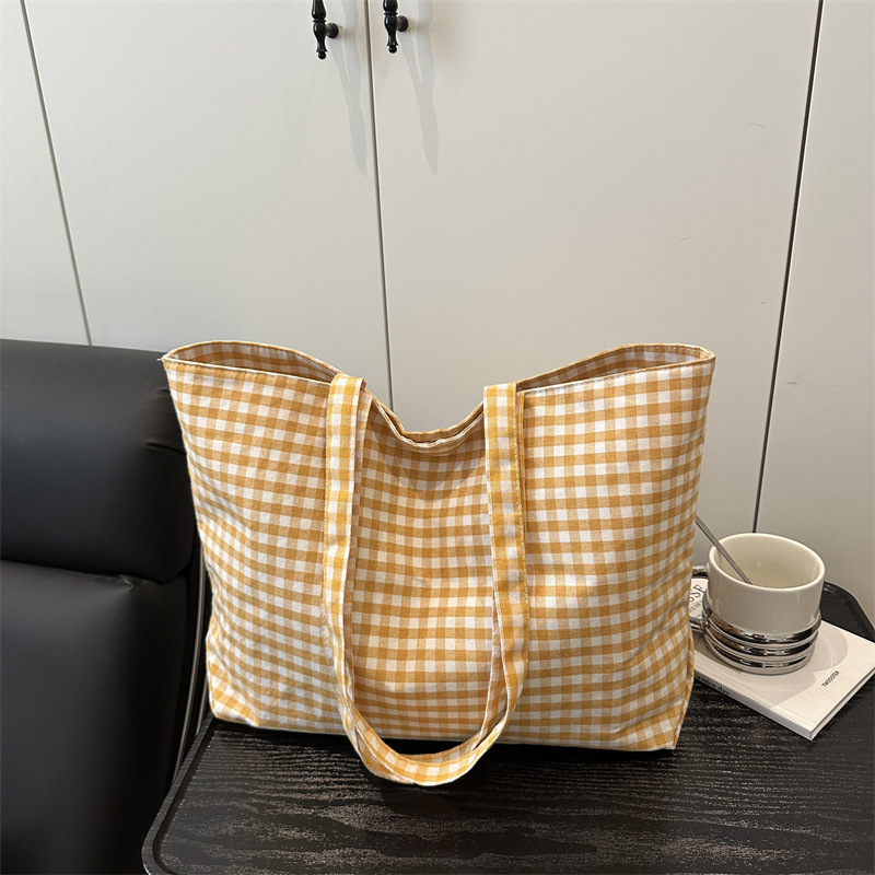 Canvas Tote Bag Women 2025 Summer Plaid Shoulder Handbag Student Casual