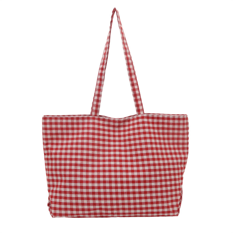 Canvas Tote Bag Women 2025 Summer Plaid Shoulder Handbag Student Casual - Image 5