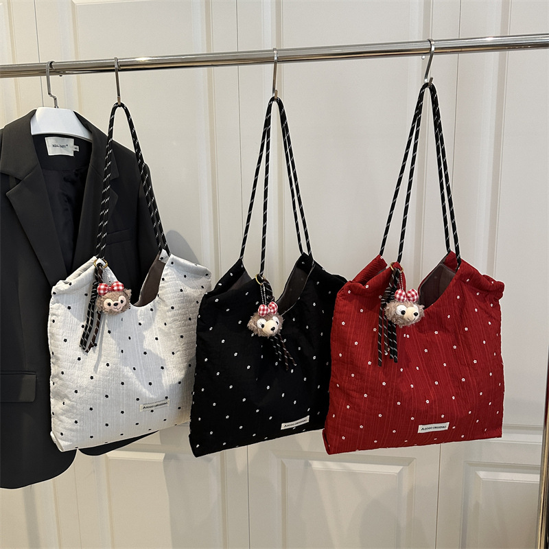 Women's Polka Dot Canvas Tote Bag 2025 Casual Shoulder Handbag - Image 3
