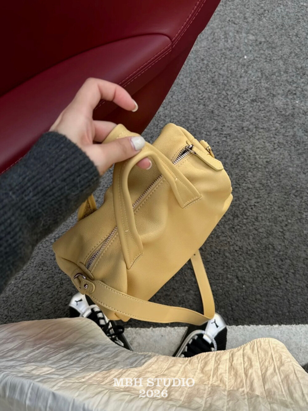 MBH Yellow Boston Bag in Top Layer Cowhide Leather with Shoulder Strap