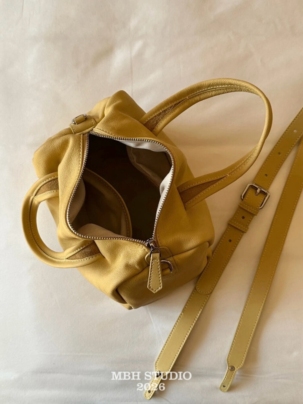 MBH Yellow Boston Bag in Top Layer Cowhide Leather with Shoulder Strap - Image 4