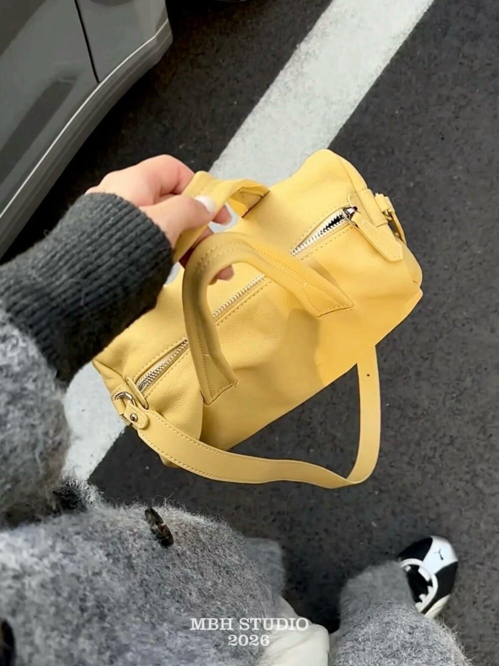 MBH Yellow Boston Bag in Top Layer Cowhide Leather with Shoulder Strap - Image 3