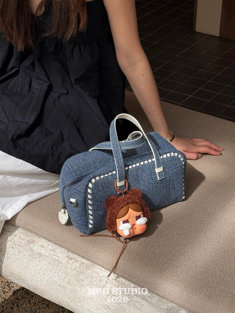 Denim Patchwork Leather Woven Boston Pillow Bag Large Capacity Lightweight Commuter Handbag Crossbody with Shoulder Strap - Image 2