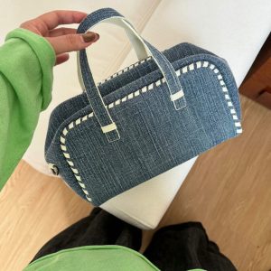 Denim Patchwork Leather Woven Boston Pillow Bag Large Capacity Lightweight Commuter Handbag Crossbody with Shoulder Strap