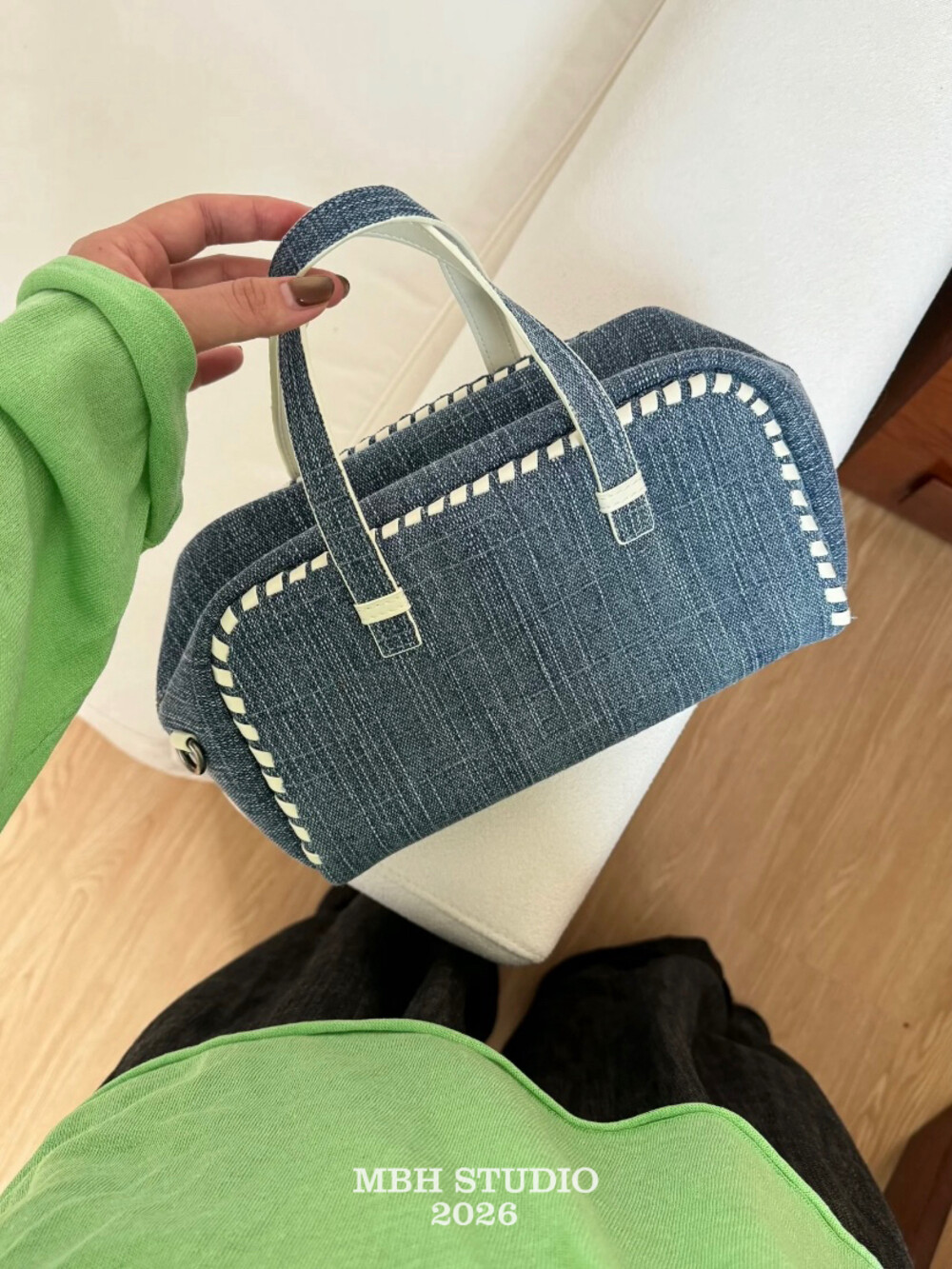 Denim Patchwork Leather Woven Boston Pillow Bag Large Capacity Lightweight Commuter Handbag Crossbody with Shoulder Strap