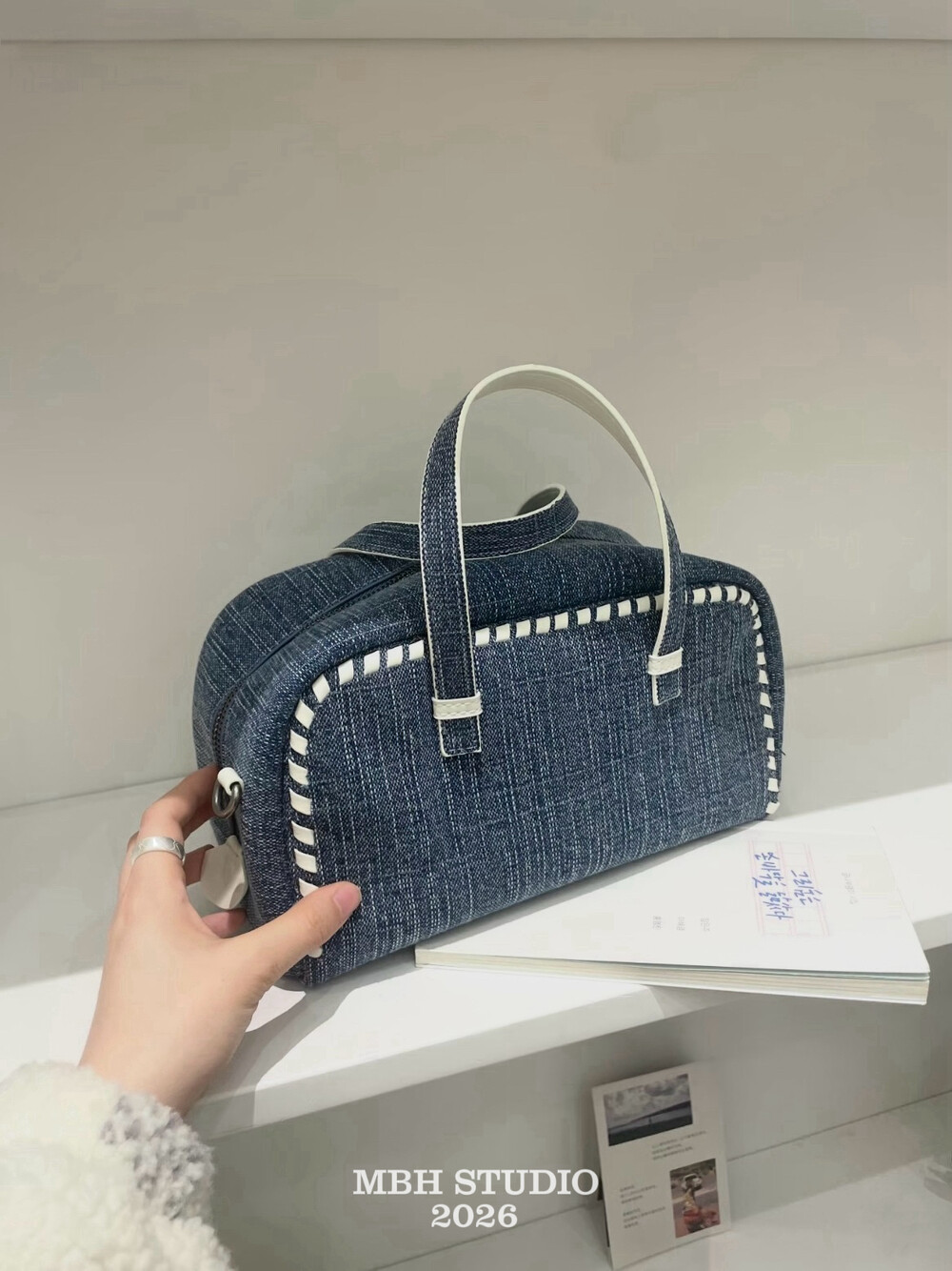 Denim Patchwork Leather Woven Boston Pillow Bag Large Capacity Lightweight Commuter Handbag Crossbody with Shoulder Strap - Image 3
